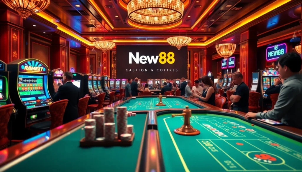 The New88 casino floor showcasing thrilling blackjack and roulette tables, with vibrant attractions and engaged players.